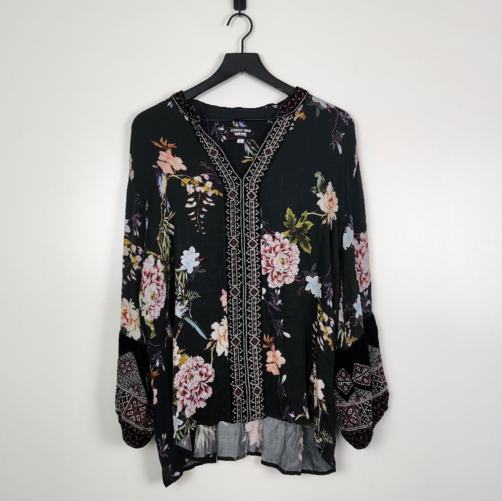 Johnny Was Workshop Silk Blend Velvet Detail Floral Bird Blouse Size Large Flaws
